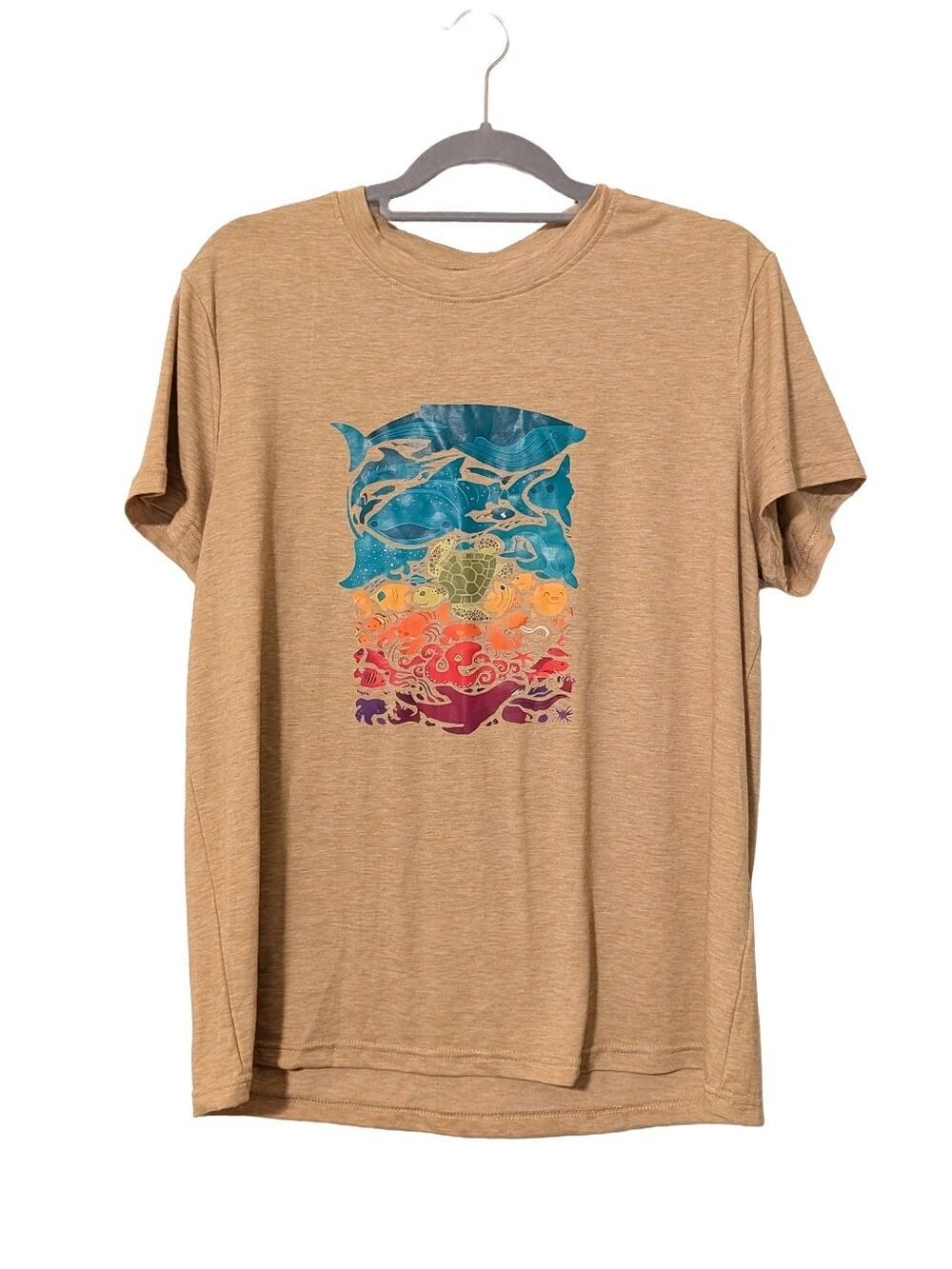 Women's Tan Graphic Ocean Print Tee